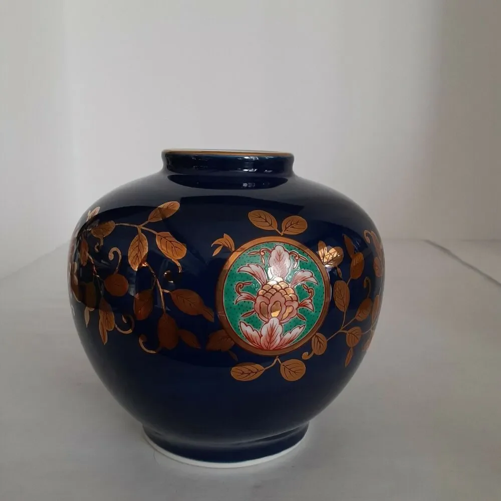 Potiche a' Fleur Cobalt Blue Hand Painted & Gold Leaf Vase,Porcelain, Signed